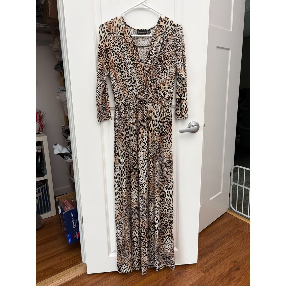 Versona Leopard Print Maxi Dress M Faux Wrap V-Neck Braided Waist Stretch